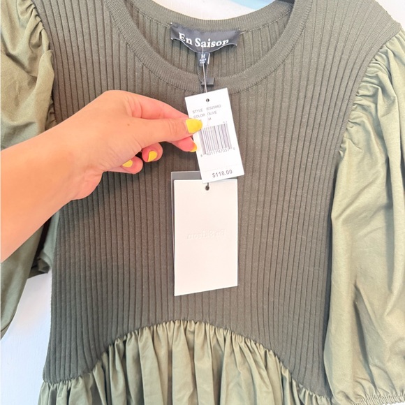 En Saison Olive Green Puff Sleeve Dress - Picture 3 of 3